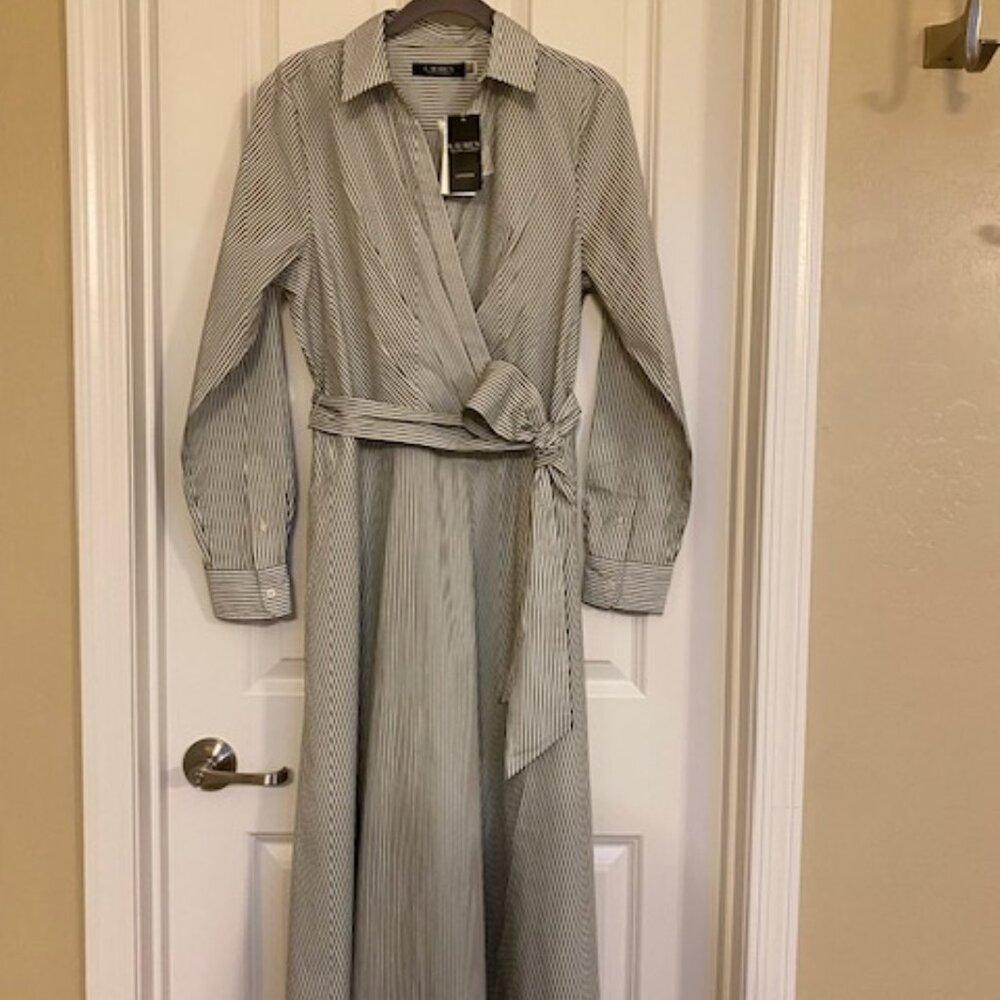 Lauren Ralph Lauren Poplin Midi Shirt Dress Striped Green White Size 8